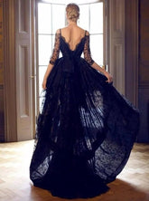 Off Shoulder 3/4 Sleeves Gothic Black Bridal Dress Boho Wedding Dresses BlissGown.com